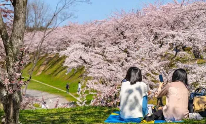 Jardim de Primavera simbolizando a Golden Week. Duas mulheres sentadas na grama contemplando a paisagem.