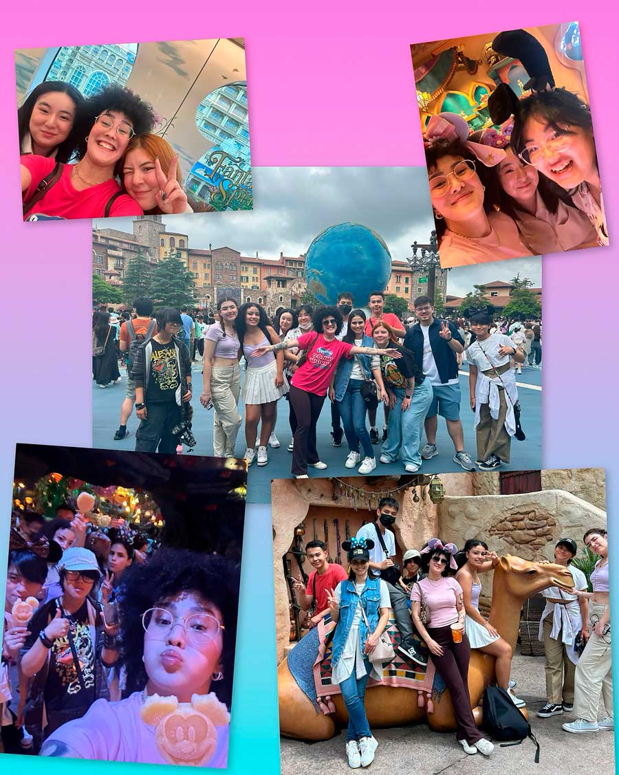 Mosaico de fotos com os alunos da Spring School curtindo o dia na Disney de Tóquio.