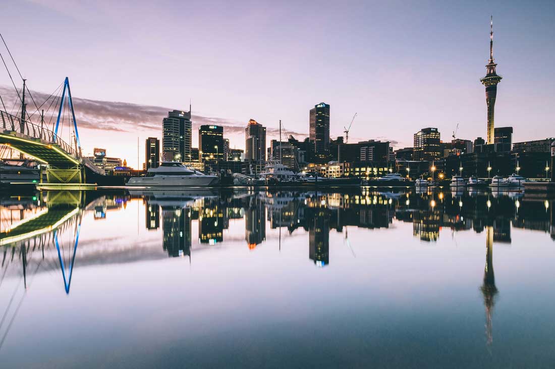 Paisagem com a cidade de Auckland da Nova Zelândia de fundo ao entardecer.