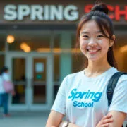 Estudante chinesa com a camiseta contando a escrita 'Spring School' pousando para a foto na frente da fachada da escola de idiomas.